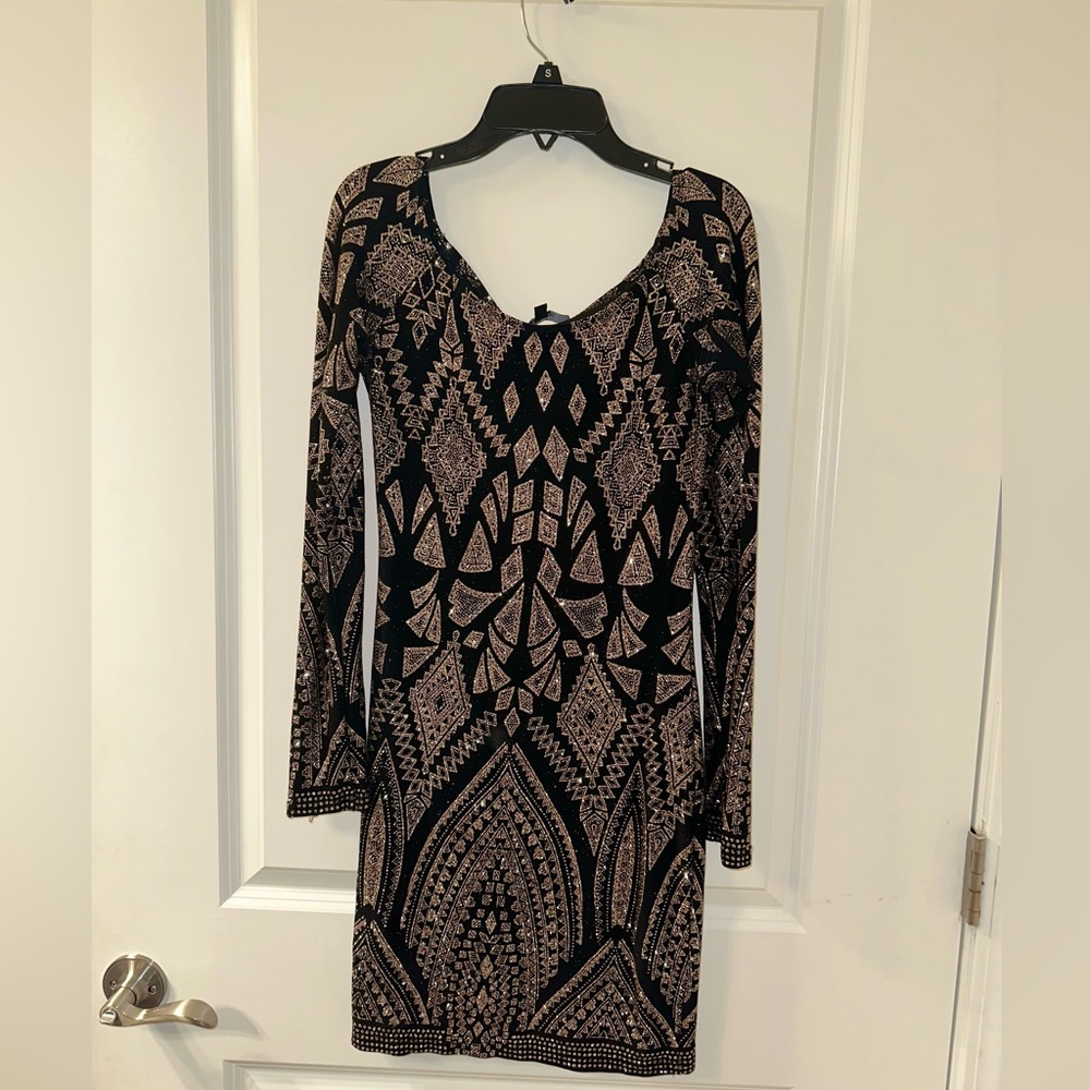 Jump Black and Tan Patterned Long Sleeve Dress